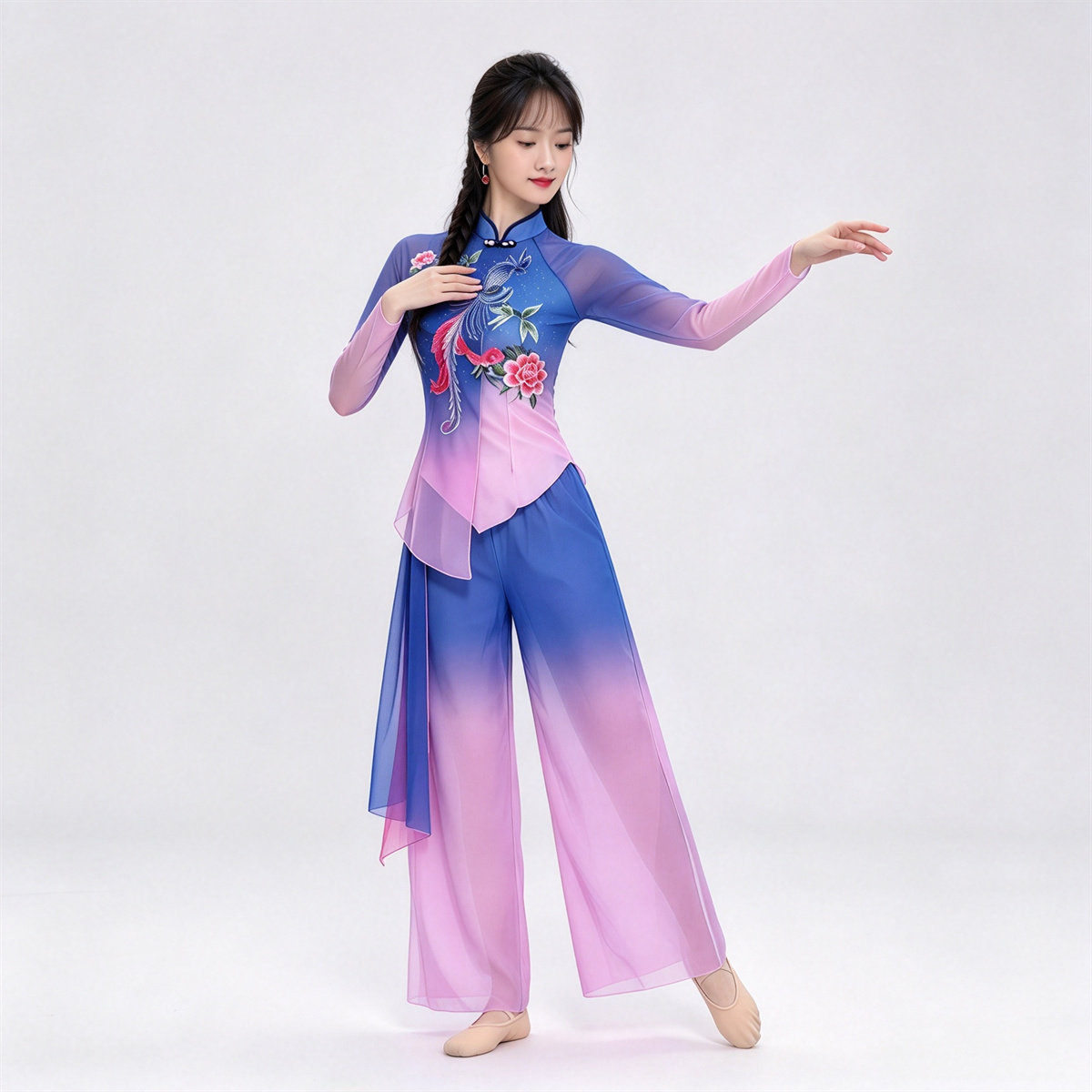 映山红琵琶曲中国风刺绣渐变舞蹈服女古典秧歌演出服装长袖舞台装