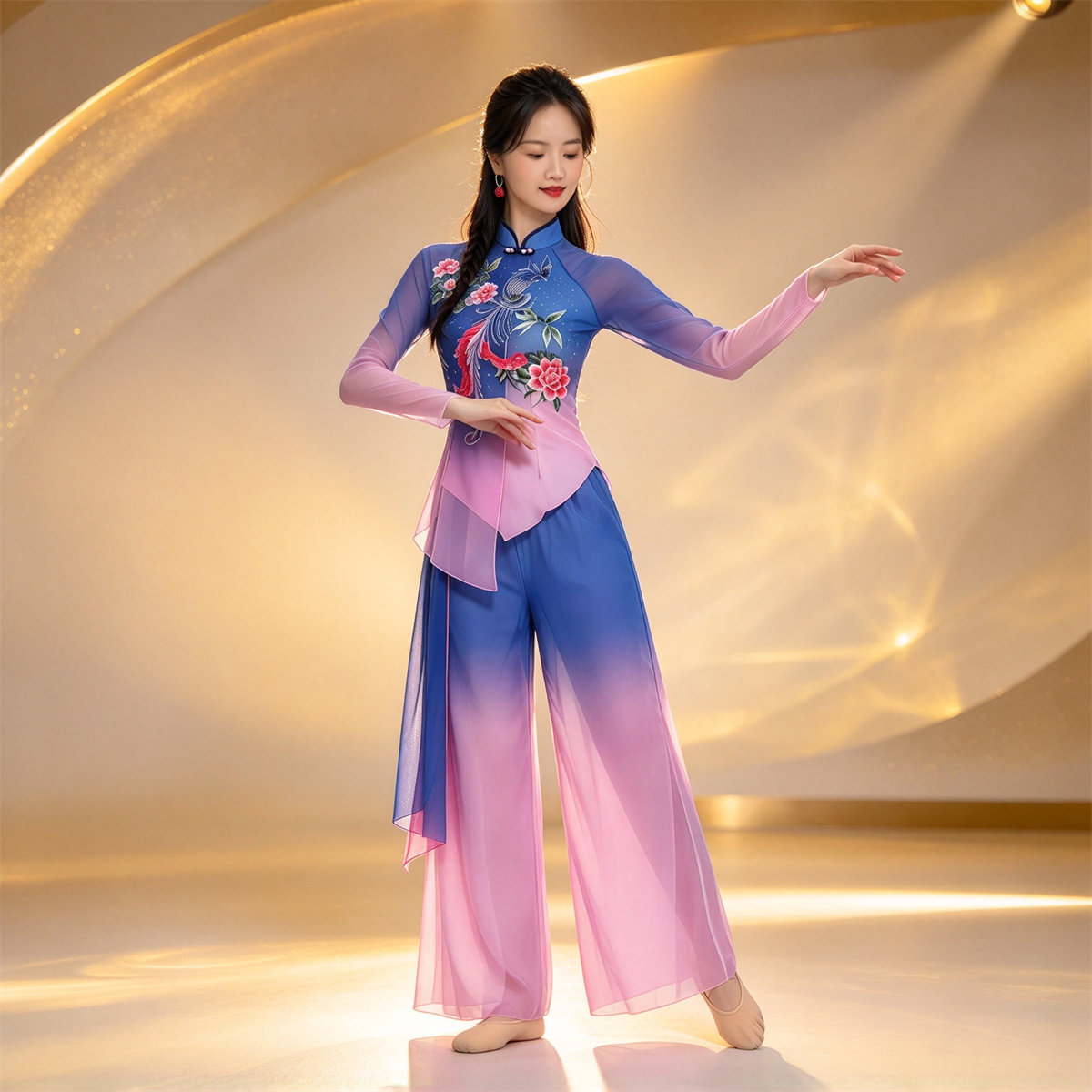 山火谣琵琶曲中国风刺绣渐变舞蹈服女古典秧歌演出服装长袖舞台装