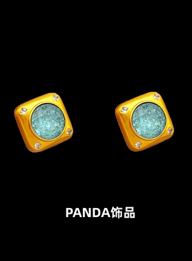 PANDA饰品 欧美复古爆花蓝色水晶无光金黄铜方块925银针耳钉耳环