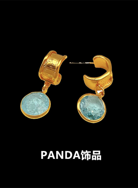 PANDA饰品 宫廷复古蓝色水晶黄铜925银针耳钉耳环女