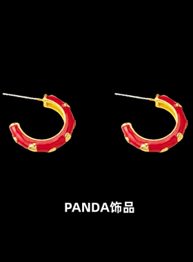 PANDA饰品 法式复古红色新年喜庆爱心黄铜C形925银针耳钉耳环女