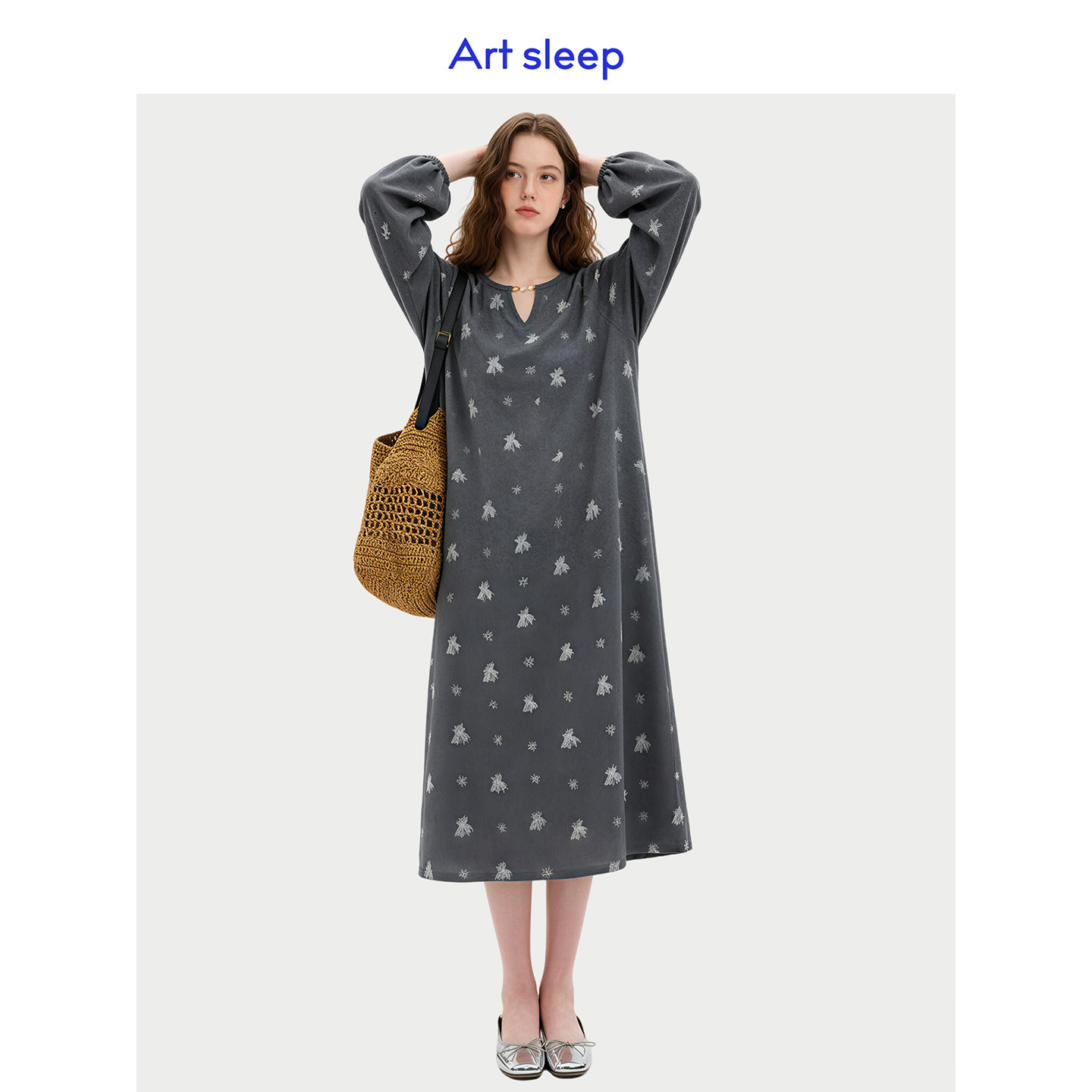 Art sleep「复古灯笼袖」带胸垫睡裙女春秋季长袖纯棉中长款睡衣