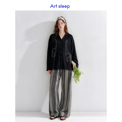 Art sleep「潮酷猫咪」睡衣女款春秋季纯棉长袖艺术感线条可外穿