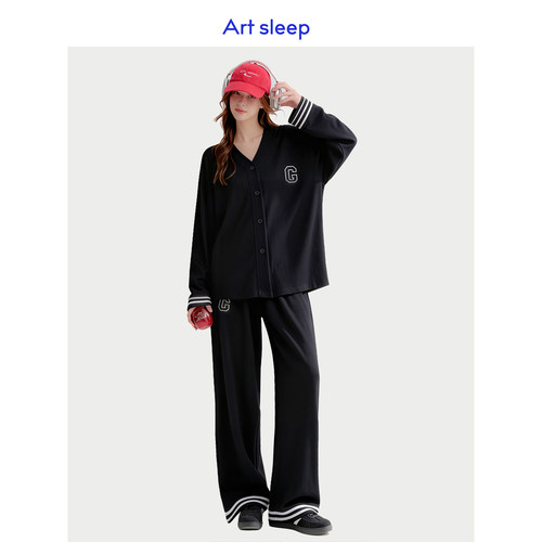 Art sleep「休闲学院风」超柔软睡衣女款春秋季长袖莫代尔棉黑色