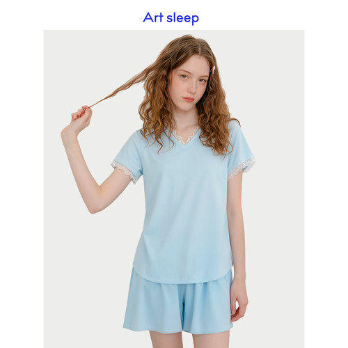 Art sleep「凉感冰川蓝」带胸垫睡衣女款夏季含桑蚕丝短袖蕾丝V领