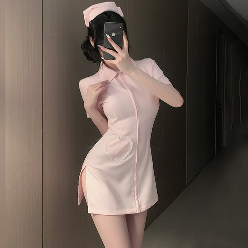 性感纯欲粉色拉链护士连衣裙制服cos角色扮演情侣约会晴趣qqny
