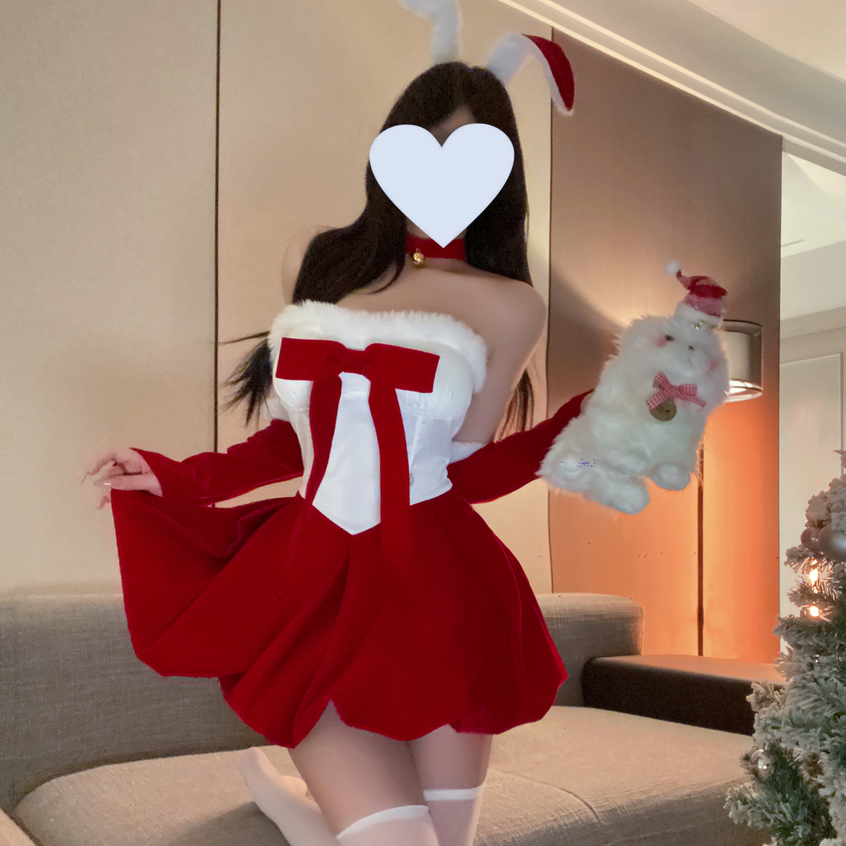 性感蝴蝶结圣诞节铃铛抹胸cos兔女郎连衣裙情侣约会制服晴趣qqny