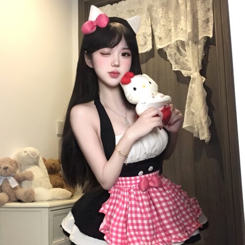 性感纯欲可爱KT猫格子女仆裙cos角色扮演女佣厨娘制服晴趣qqny