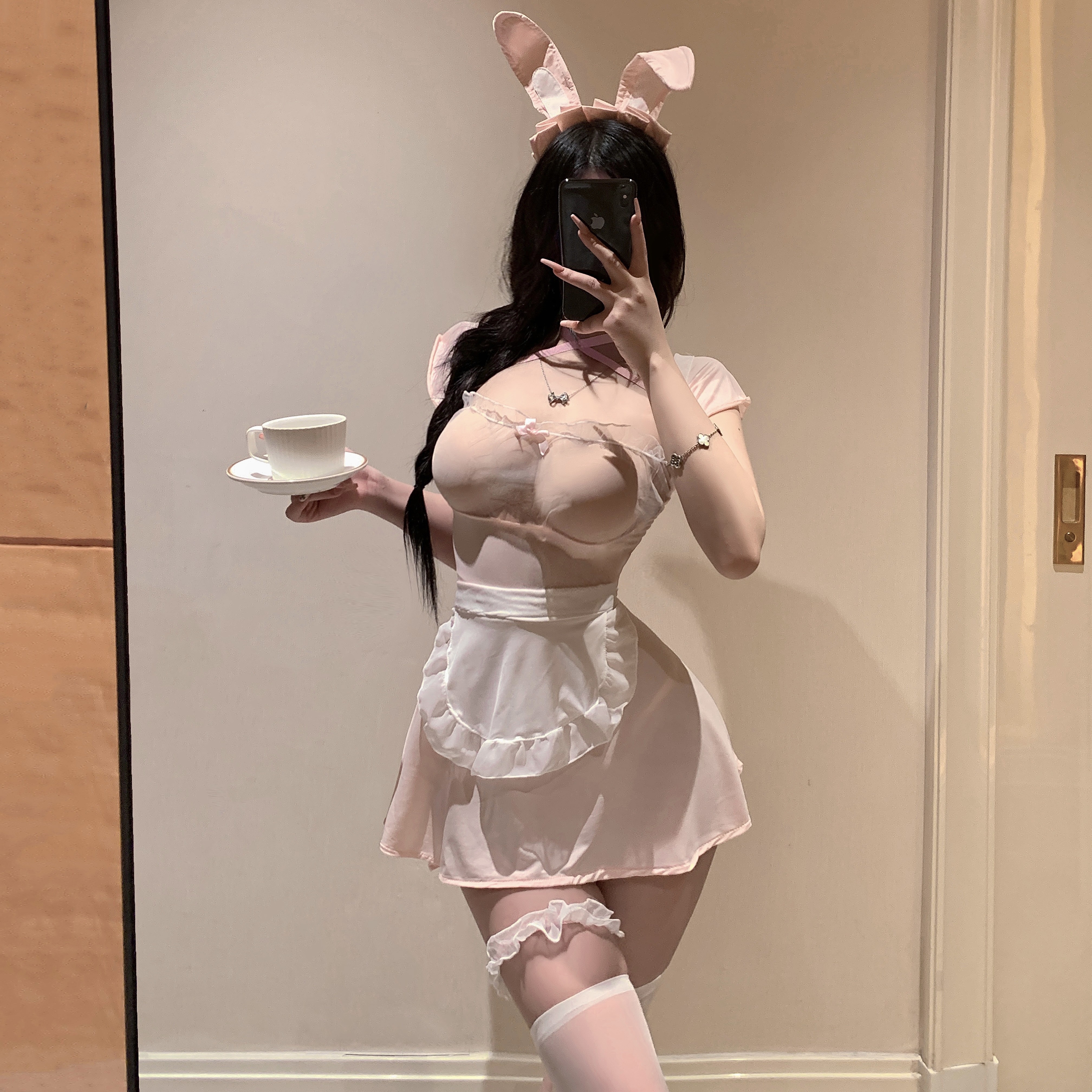性感纯欲粉兔子装褶皱花边透视吊带裙cos角色扮演制服兔女郎qqny