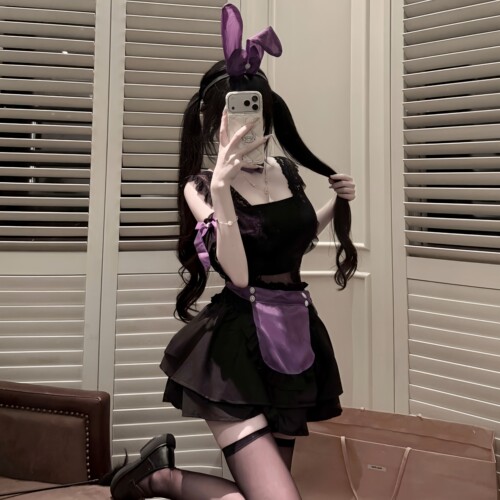 性感纯欲黑紫蕾丝透视围裙女仆cos角色扮演女佣小胸制服晴趣qqny