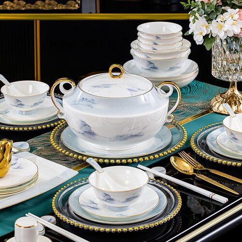 千里江山水墨轻奢风景德镇碗碟套装全套家用骨瓷餐具乔迁新婚送礼