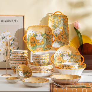 花中兔碗碟套装家用单个可爱饭碗盘子餐具碗筷碗盘碗具2022