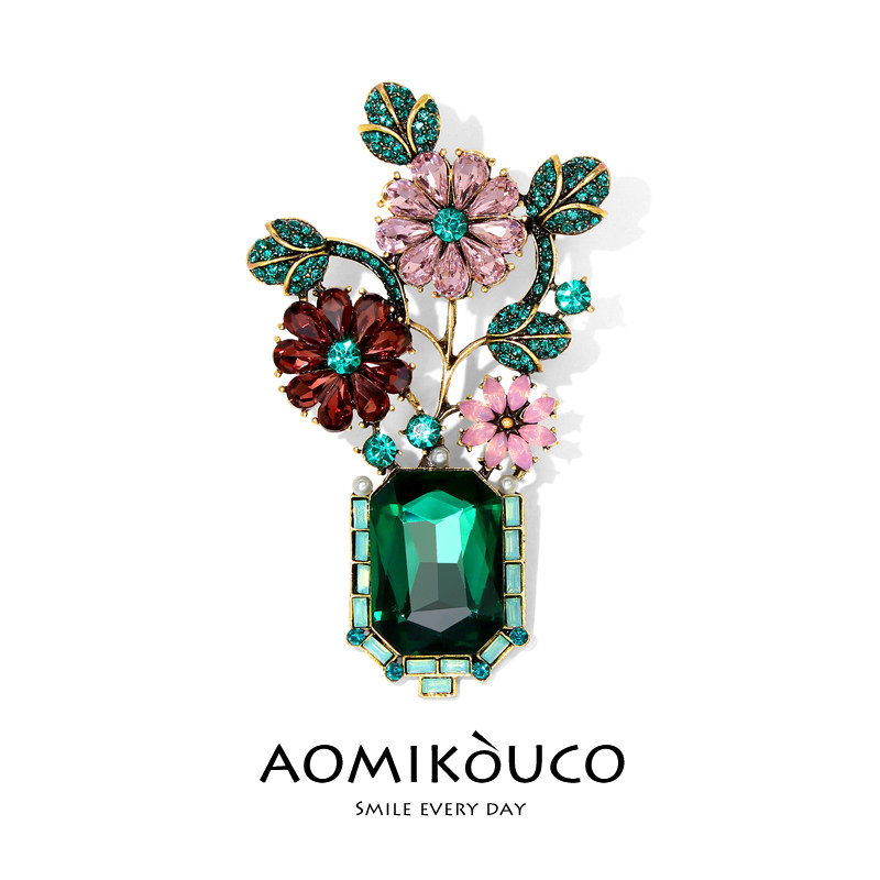 欧美复古森系绿色水晶花朵胸针高档女气质个性植物别针秋冬配饰品