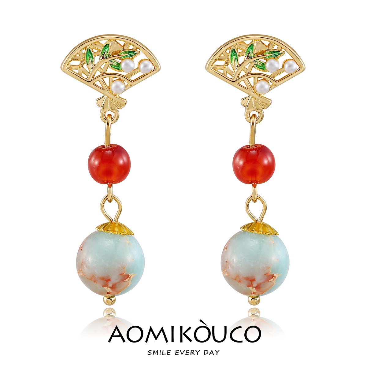 新中式扇形寿山石珍珠耳环女耳钉