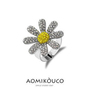 GD权志龙同款镶钻雏菊向日葵戒指轻奢简约高级感开口可调节配饰品