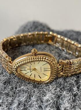 vintage小金色手表女款蛇骨麦穗带设计精致镶钻小众时髦潮流腕表