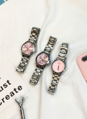 日系气质粉色手表新款少女学生圆形小表盘钢带防水简约百搭石英表