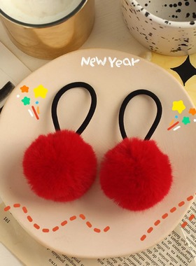 毛茸茸单球发圈过年红色发饰软妹毛绒球头绳秋冬奶咖色毛毛球发绳