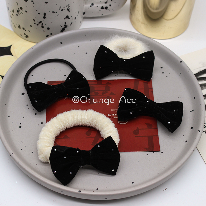 秋冬新款过年红色丝绒蝴蝶结发圈发夹软糯糯毛绒发饰新年头绳头饰