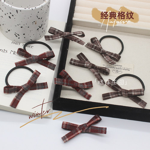 韩系经典格纹蝴蝶结发圈发夹