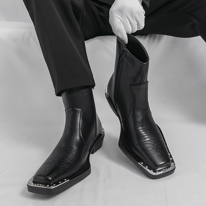 英伦风方头切尔西靴男中高帮短靴金属铆钉装饰黑色侧拉链机车皮鞋,流行男鞋,切尔西靴,淘宝优惠券,粉丝福利购,淘宝优惠卷