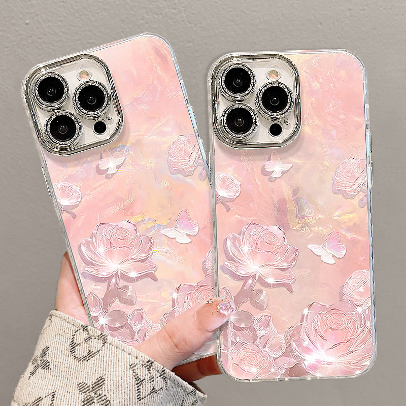 适用于iphone16pro手机壳新款水晶花朵苹果17promax亚克力贝壳纹磨砂全包镜头15plus外壳防摔14/13通用挂绳