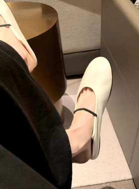 羊皮软皮软底一脚蹬奶奶鞋女真皮浅口平底单鞋白色一字带芭蕾舞鞋