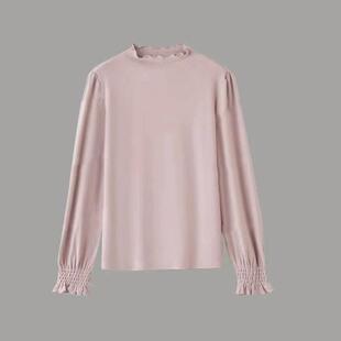 内在美大洪官方自营店磨毛半高领木耳边打底秋加厚灯笼袖 上衣内搭