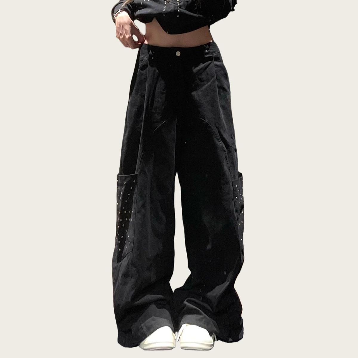 美式复古黑色工装牛仔裤女设计感高街铆钉宽松阔腿拖地休闲裤子潮