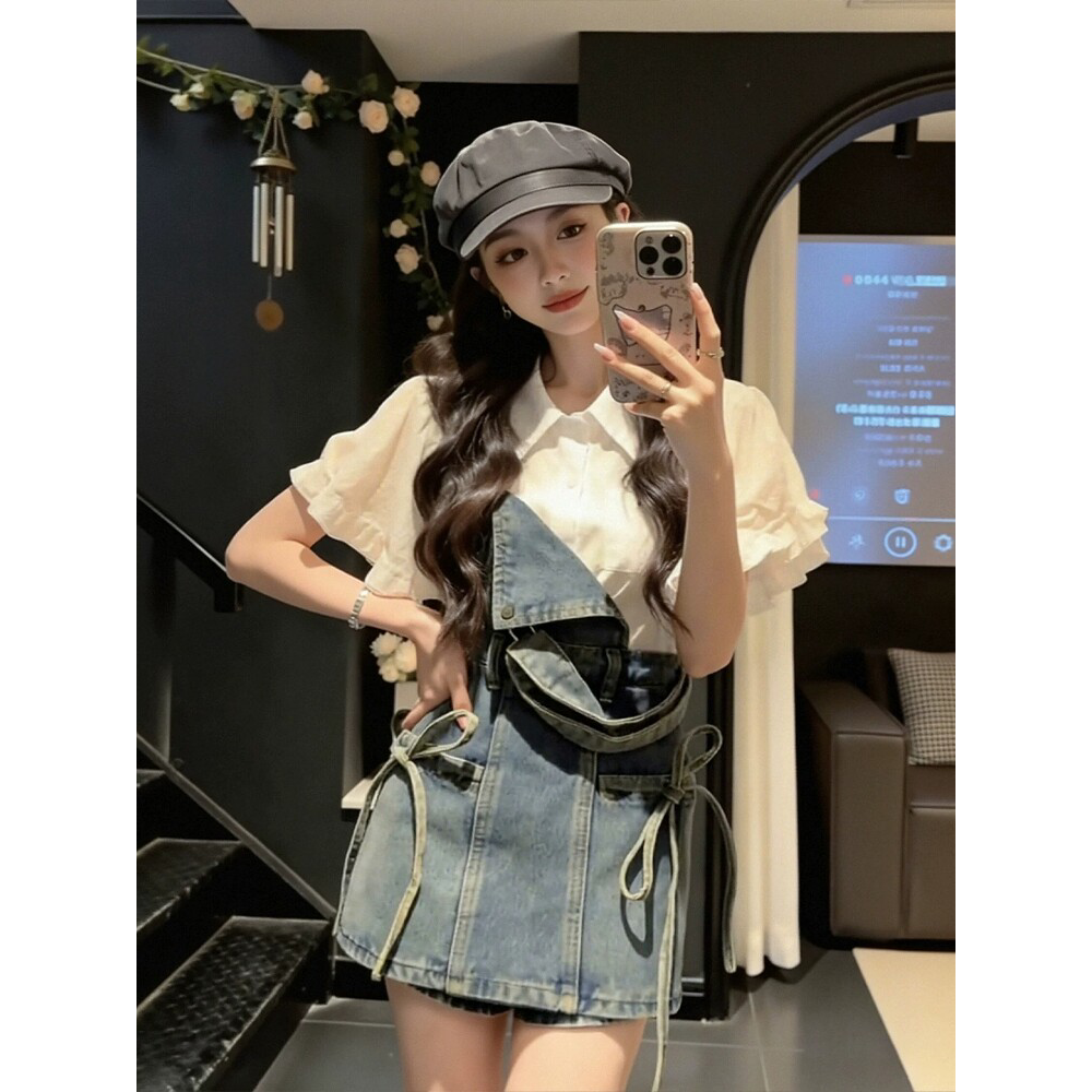 美式复古牛仔背带裙女夏季a字显牛仔裤