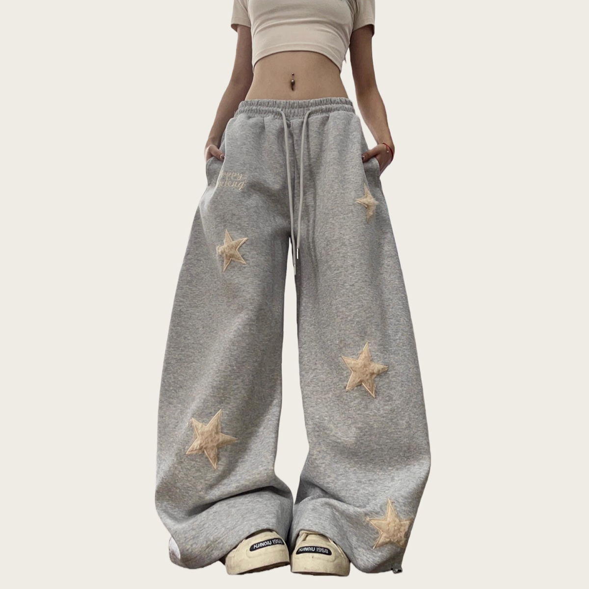美式复古星星植绒刺绣灰色卫裤女款慵懒风宽松显瘦阔腿休闲长裤子