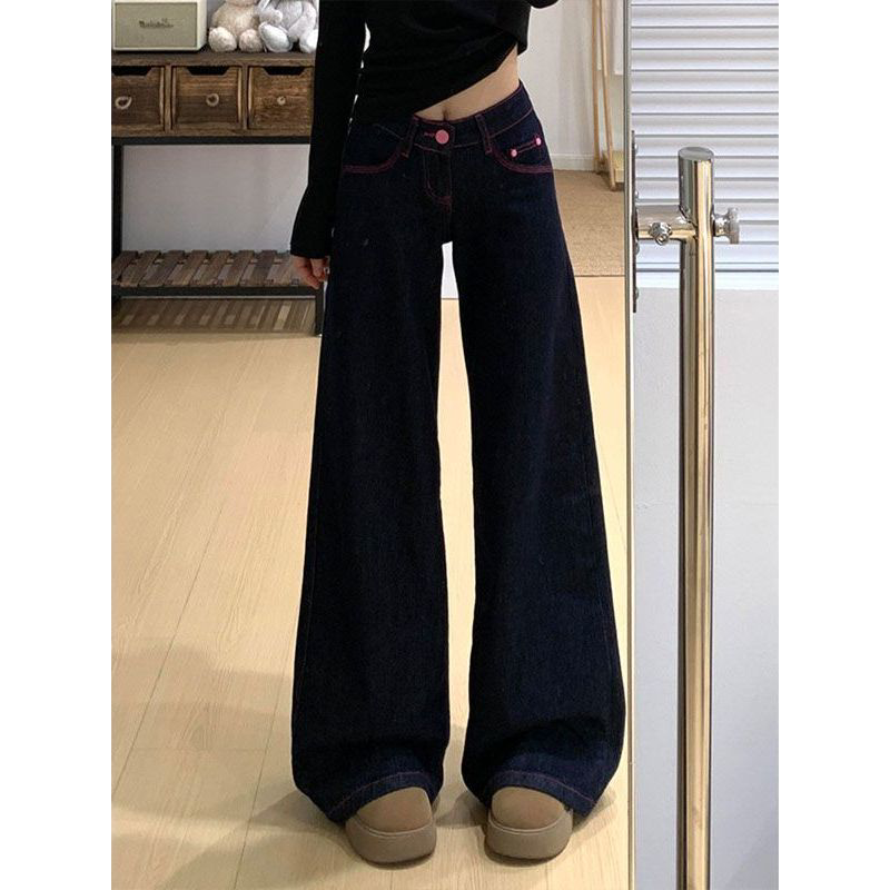 低腰阔腿牛仔裤女2026新款夏季薄款明线装饰宽松显瘦深蓝色直筒裤图片
