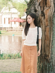 纪谜底新款2026夏季套头针织衫提花短袖女复古文艺风极简风短款