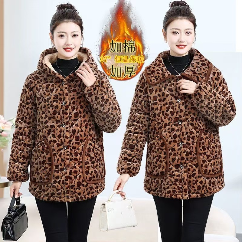 连帽夹棉袄加绒家居服保暖妈妈时尚加厚棉服外套棉衣女棉防寒棉衣