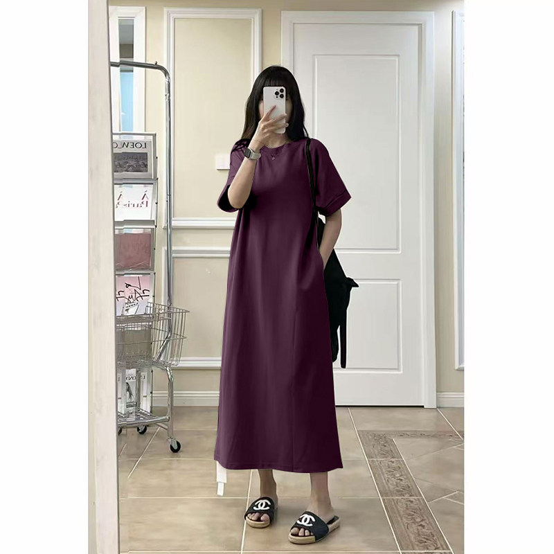 纯棉时尚长款短袖女士夏季新款大码宽松胖MM休闲百搭t恤连衣裙
