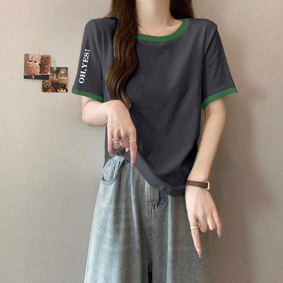 纯棉拼色短袖t恤女夏季宽松休闲