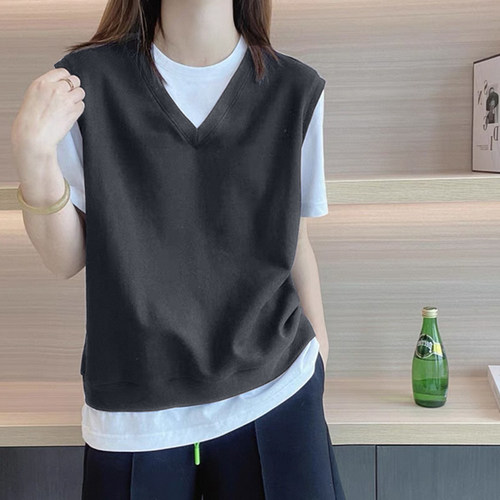 纯棉撞色假两件短袖t恤女2025夏