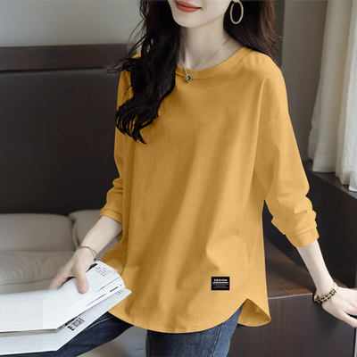 大码弧形下摆长袖t恤女春秋