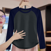拼色纯棉长袖 t恤女春秋新款 宽松显瘦时尚 大码 减龄小众休闲打底衫