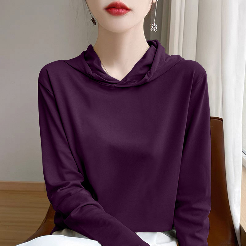 大码纯棉连帽长袖t恤女秋冬新款宽松显瘦洋气时尚减龄遮肚打底衫