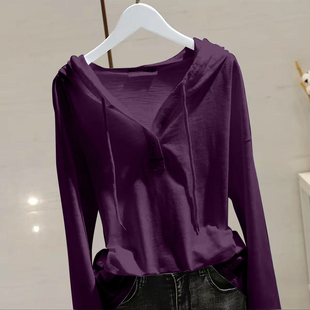 纯棉连帽长袖t恤女士春秋新款宽松显瘦大码纽扣高级感小众打底衫