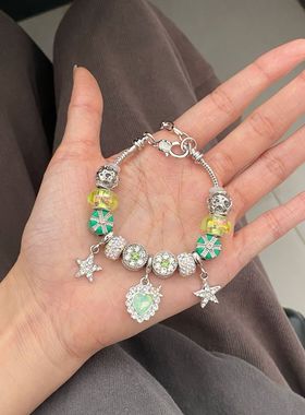 跨境小众设计感diy轻奢复古绿色水晶爱心吊坠手串ins网红蛇骨手链