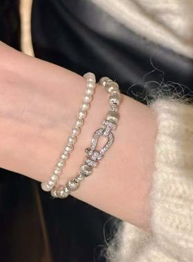 法式轻奢中古马蹄扣猫眼手链镀金女复古时尚精致高级感气质珠宝