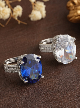 轻奢蓝色椭圆锆石开口戒指超闪