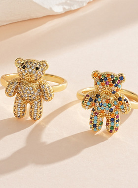 时尚轻奢百搭小熊镀金戒指女小众设计感高级感镶锆石开口指环个性