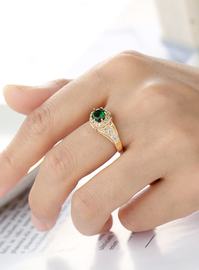 复古圆形祖母绿镶钻轻奢百搭戒指