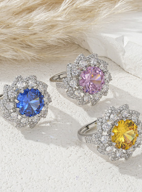 蓝色锆石满钻爆闪开口戒指