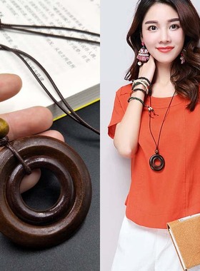 文艺复古森女双圈木质毛衣链