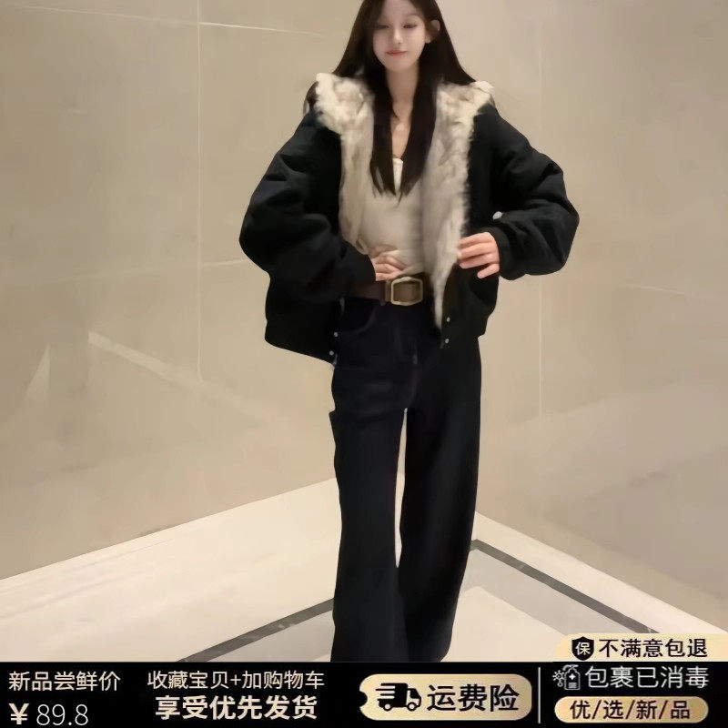 毛茸茸毛领连帽棉服外套女保暖美式街头2025冬季高级感派克服棉衣