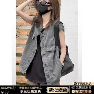 夏季韩版设计感时髦复古水洗牛仔马甲百搭休闲薄款无袖长款外套女